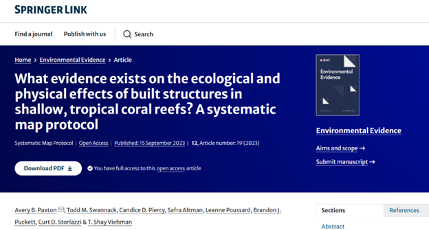 What Evidence Exists on the Ecological and Physical Effects of Built Structures in Shallow, Tropical Coral Reefs?  A systematic map protocol